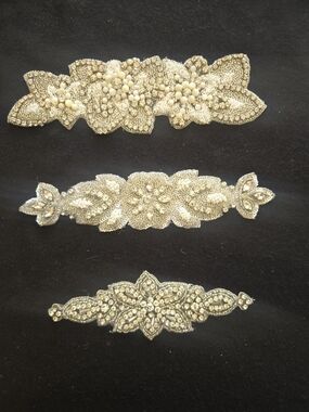 Embellished Beaded Appliqués - Ivory/Silver Floral Set of 3